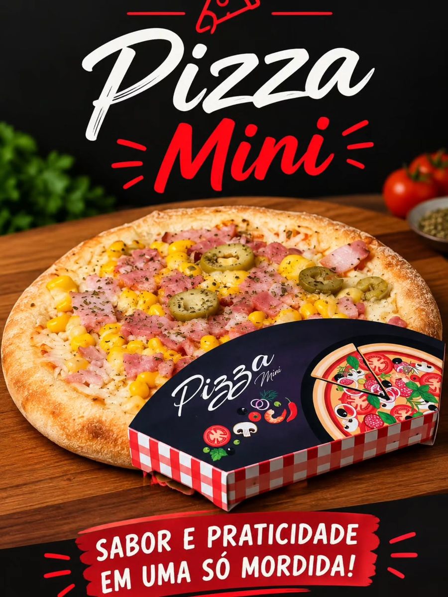 Mini pizza com milho, bacon e azeitonas ao lado da embalagem da marca Pizza Mania