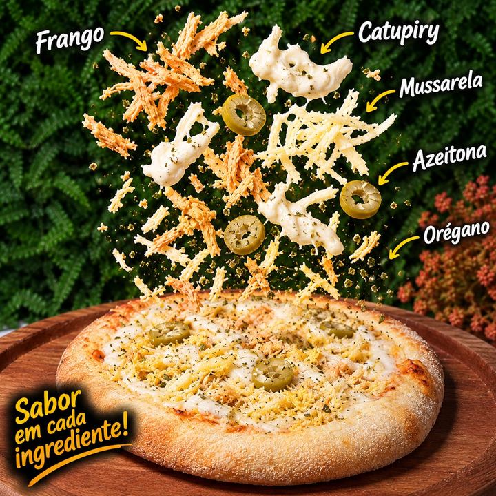 Frango, catupiry, mussarela, azeitona e orégano caindo sobre uma mini pizza de frango com catupiry