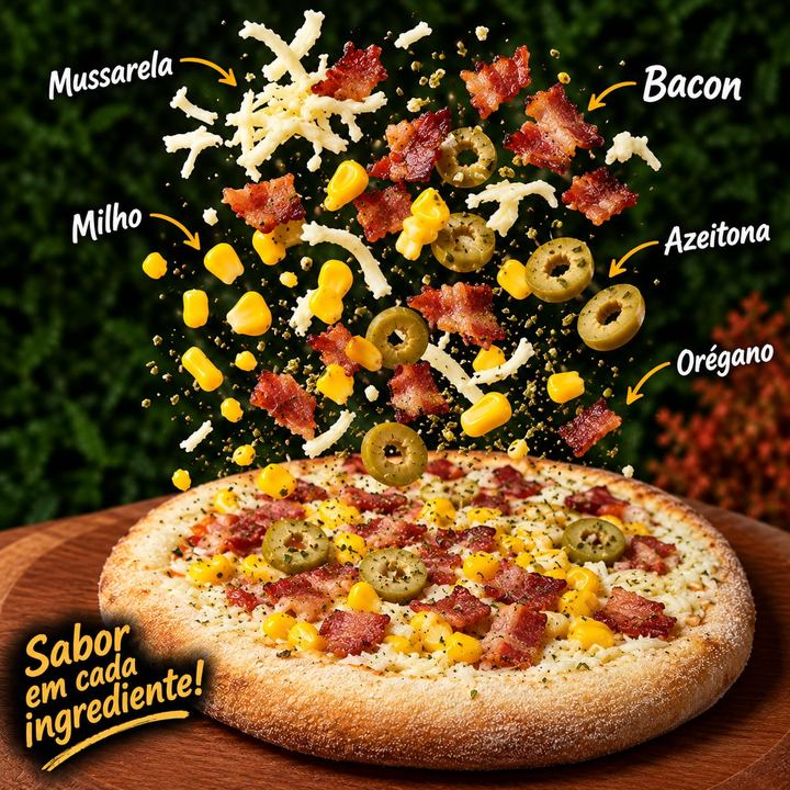 Mussarela, bacon, milho, azeitona e orégano caindo sobre uma mini pizza
