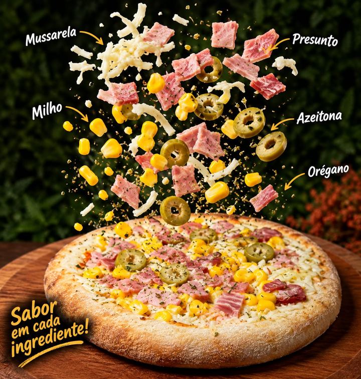 Mussarela, presunto, milho, azeitona e orégano caindo sobre uma mini pizza